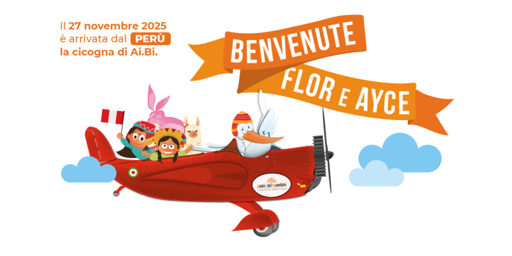La cicogna dell'adozione internazionale di Ai.Bi. Amici dei Bambini porta le sorelle Flor e Ayce, dal Perù, verso i loro nuovi genitori
