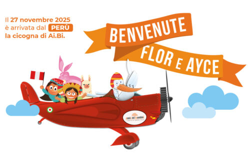 La cicogna dell'adozione internazionale di Ai.Bi. Amici dei Bambini porta le sorelle Flor e Ayce, dal Perù, verso i loro nuovi genitori