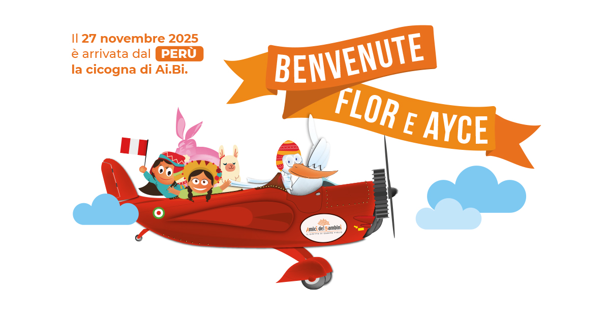 La cicogna dell'adozione internazionale di Ai.Bi. Amici dei Bambini porta le sorelle Flor e Ayce, dal Perù, verso i loro nuovi genitori