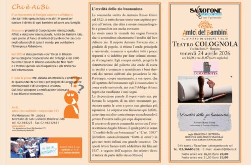la locandina dello spettacolo "L'eredità dello zio buonanima". Gioranta di teatro solidale per Ai.Bi. Amici dei Bambini